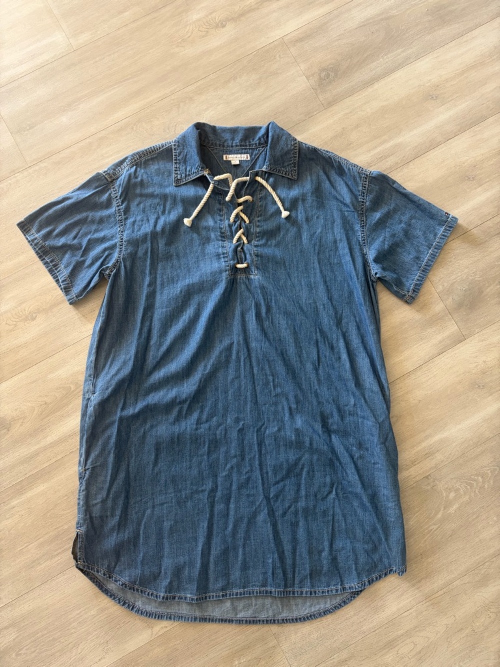 Women's Blue Denim Lace-Up Short Sleeve Dress